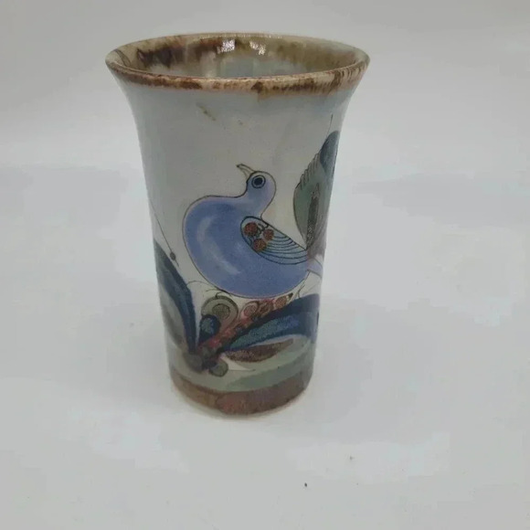 Ken Edwards Tonala Pottery Blue Bird Butterfly Calla Vase Signed - Picture 1 of 8